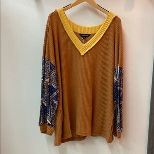 DAVI & DANI Chocolate Mustard Blouse w/ Blue Patterned Sleeves pockets Sz 2X NWT